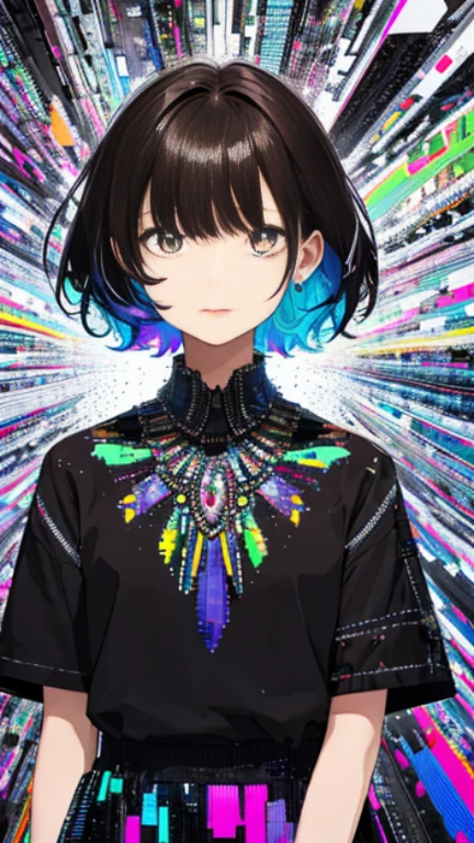 (disorganized, High resolution, super detailed), (1 girl:1.3), short hair, break , glitch art, digital distortion, pixelated fragment, Data corruption, colorful noise, visual chaos, contemporary aesthetics break , enamel art, glass-like surface, Bright colors, glossy finish, reflective texture, rich pigments, fluid forms break , vivid pattern, beaded jewelry, artisan accessories、whole body、uniform、(long narrow eyes:1.5)、brown hair