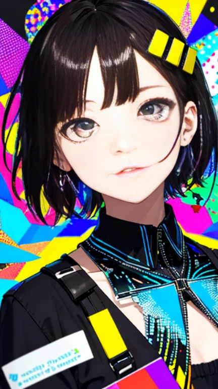 (disorganized, High resolution, super detailed), (1 girl:1.3), short hair, break , glitch art, digital distortion, pixelated fragment, Data corruption, colorful noise, visual chaos, contemporary aesthetics break , enamel art, glass-like surface, Bright colors, glossy finish, reflective texture, rich pigments, fluid forms break , vivid pattern, beaded jewelry, artisan accessories、whole body、uniform、(long narrow eyes:1.5)、brown hair