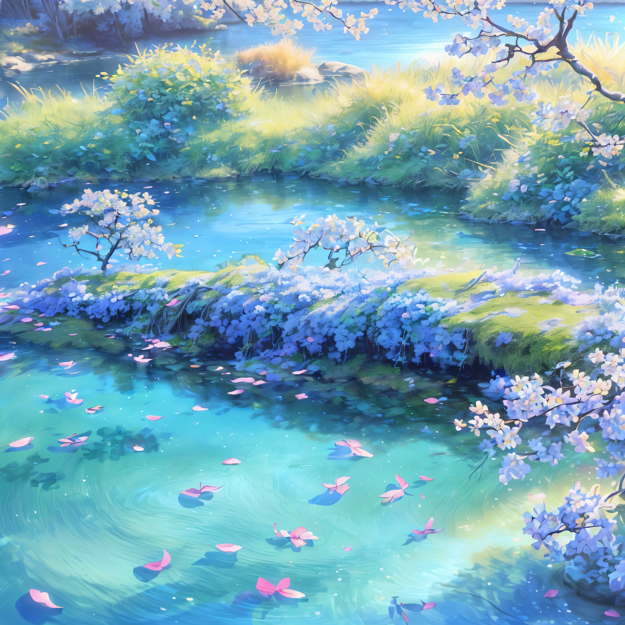 (highest quality,4k,8K,High resolution,masterpiece:1.2), Super detailed, (realistic,photorealistic,photo-realistic:1.37), (cg:1.1), (highest quality) calm, blue sea with delicately colored tree leaves and flower petals falling in the air, ray tracing, Super detailed, (best shadow), and (figure).