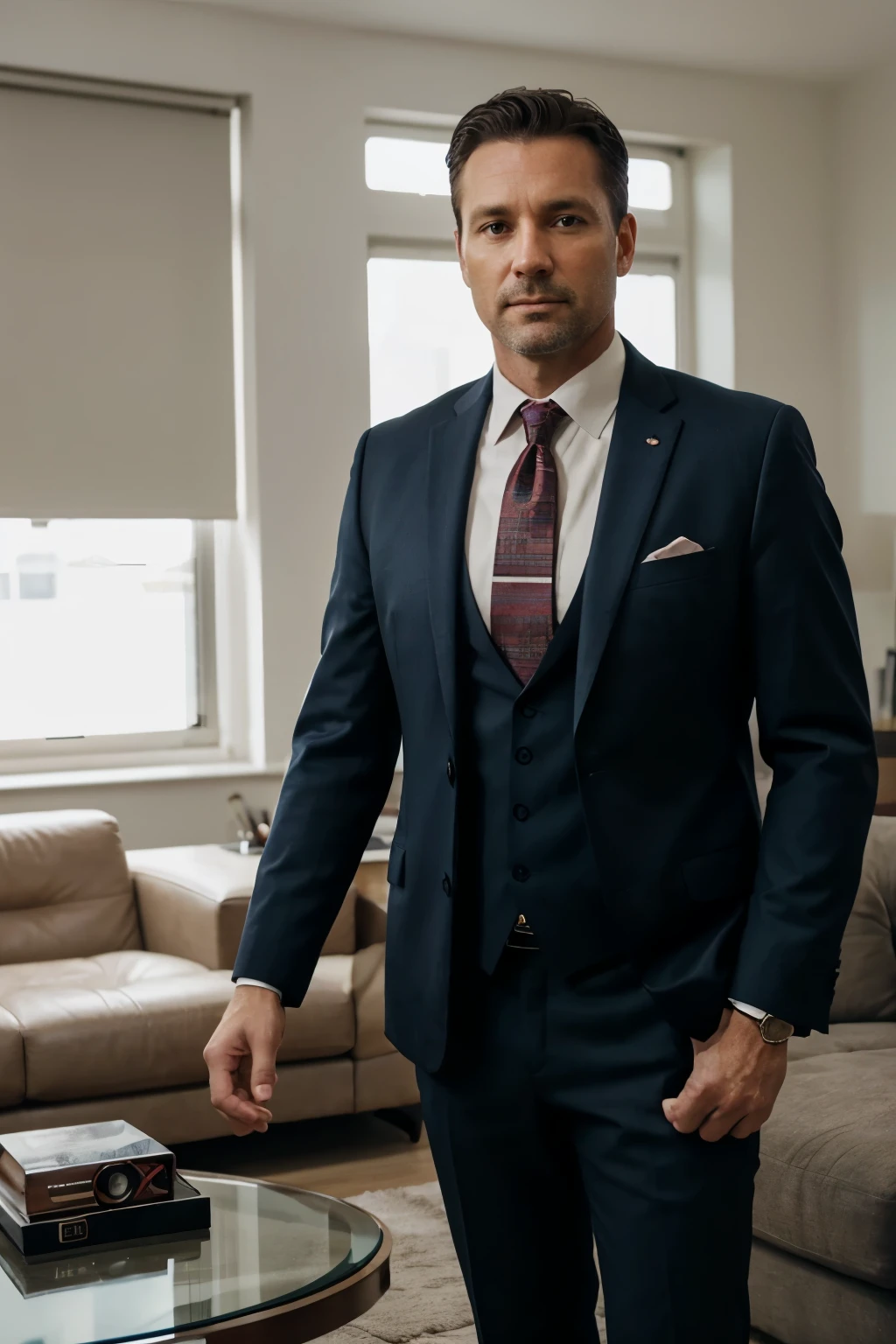 Photo-realistic of 40 years old American man in the modern living room, wearing suit, looking camera, 4K