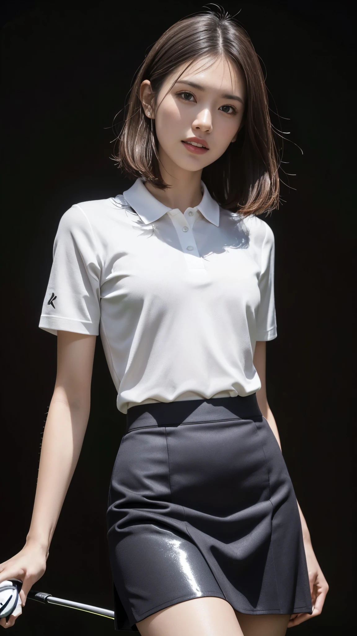 masutepiece, Best Quality, Illustration, Ultra-detailed, delicate detail, Hight Resolution, 8K wallpaper, Perfect dynamic composition、(((Thigh Viewer)))、27 years old cute girl、detailed beautiful face、Delicate and cute eyes、textured skin、flushed cheeks、shame、 (shorth hair:1.3)、(wavy brown hair )、Golfwear, Golf Mini Skirt, Medium Tits,、Bold sexy pose、Skirt swaying in the wind,
