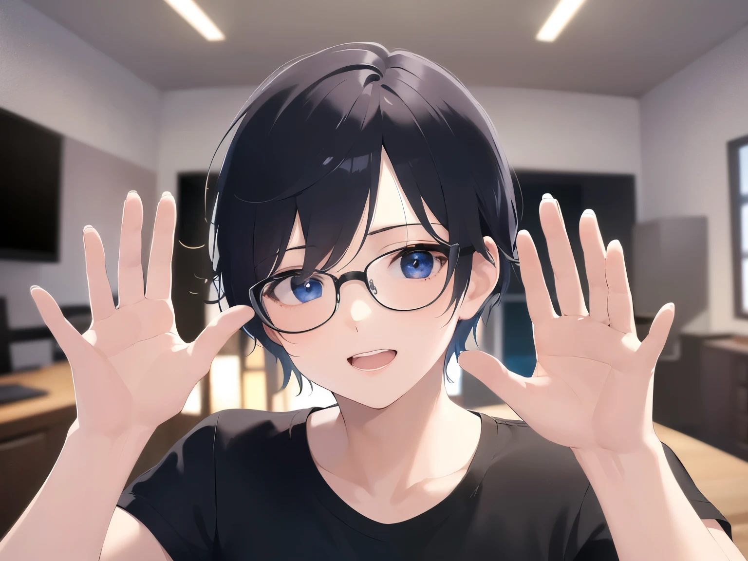 Biologically correct five fingers、(waving hand:1.3), Upper body is shown、 (plastic frame eyewear:1.1)、masterpiece、highest quality、(25 year old male:1.5) and (black short hair) and (hair over eyes:1.5) and (blue eyes), plain black t-shirt、Are standing、smile、open mouth, The background is the living room、(Alone:1.5)