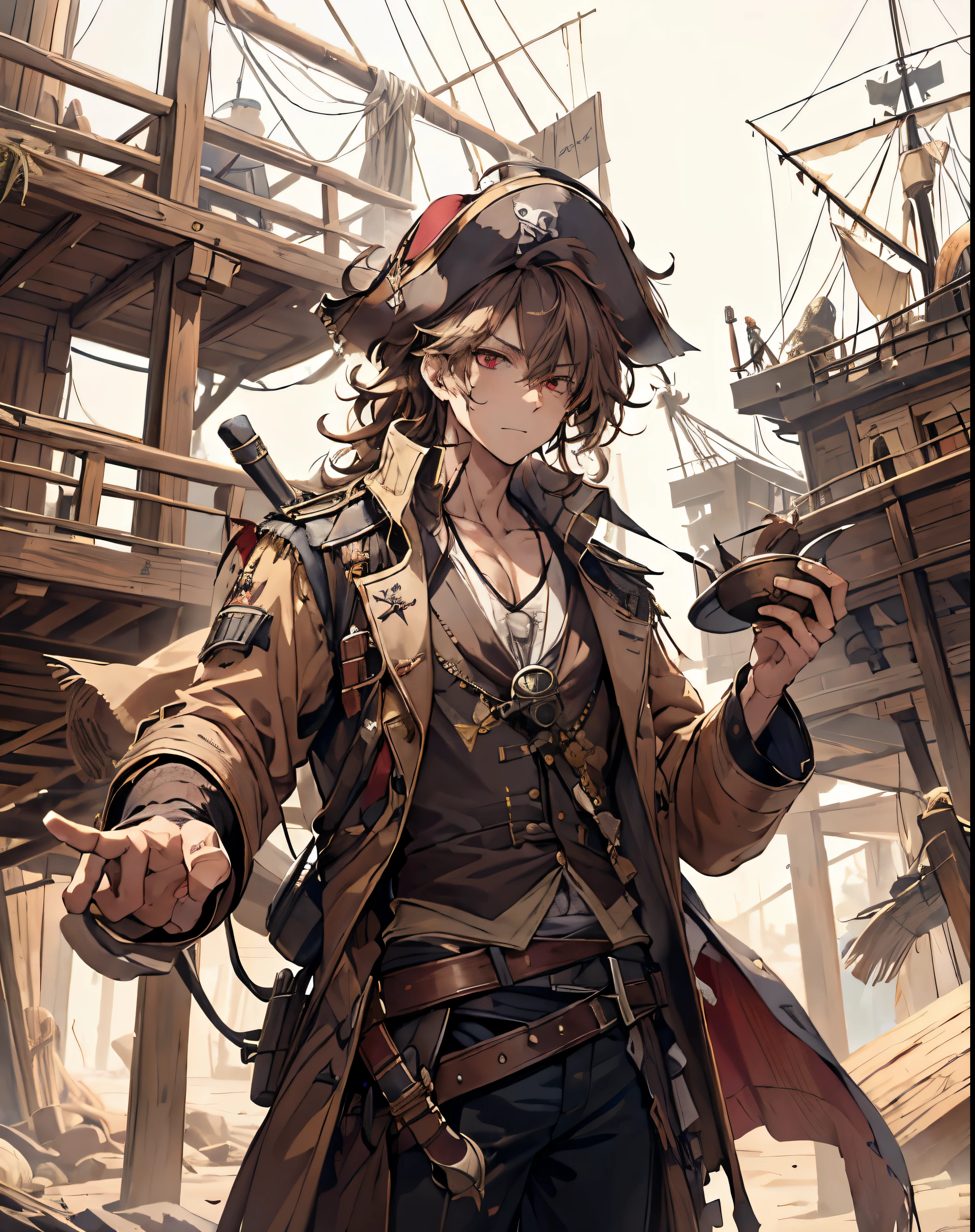 masterpiece, 1men, sparrow, a brown haired men, wearing a pirates clothes, curly medium hair, messy hair, slim body, wearing noble clothes, he close her left eye, shirt ornament, serious expression, red eyes, stand at forest, ahoge, pirates hat