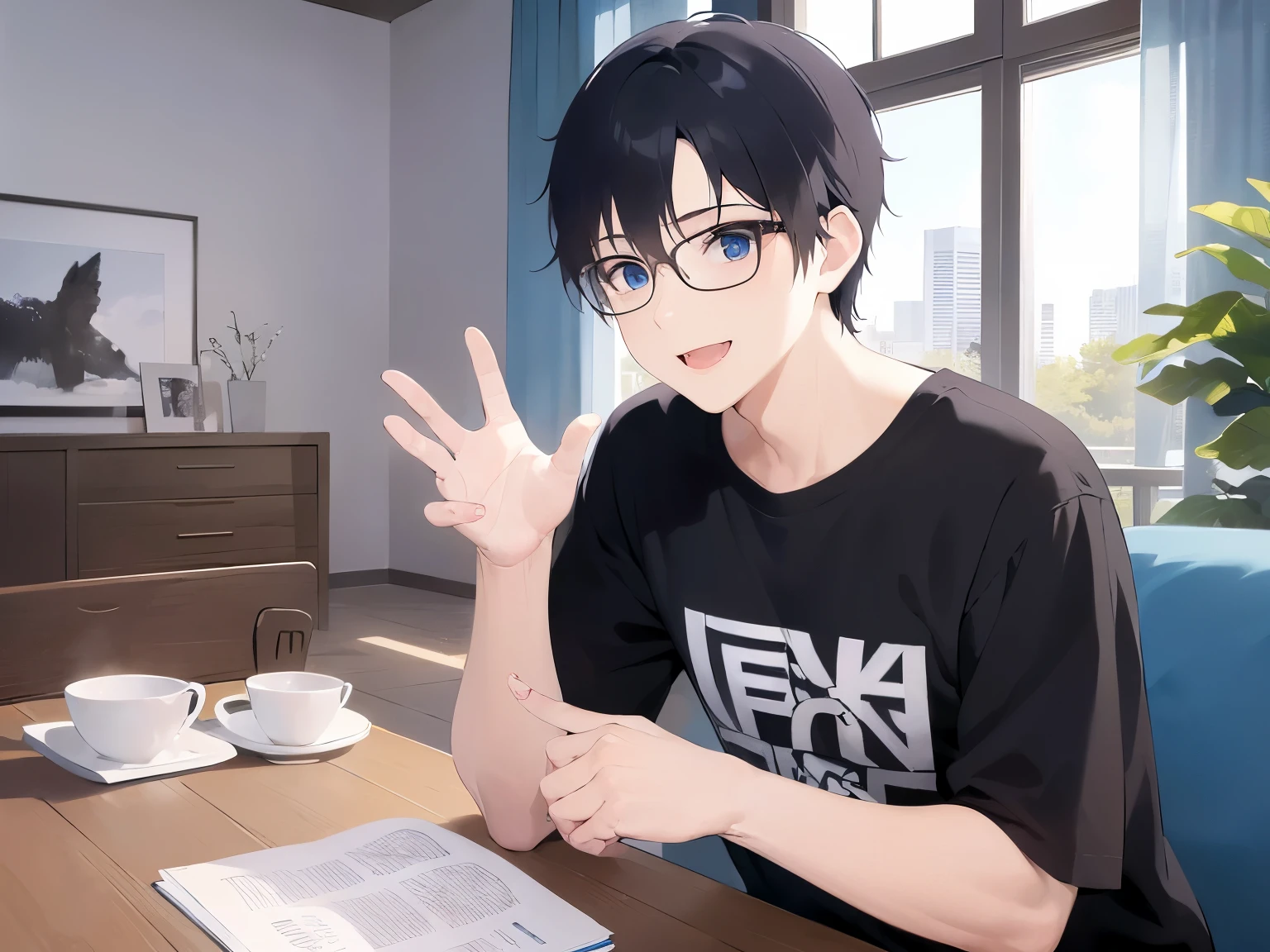 Biologically correct five fingers、(waving hand:1.3),  Upper body is shown、 (plastic frame eyewear:1.1)、masterpiece、highest quality、(25 year old male:1.5) and (black short hair) and (hair over eyes:1.5) and (blue eyes), plain black t-shirt、Are standing、smile、open mouth, The background is the living room、(Alone:1.5)