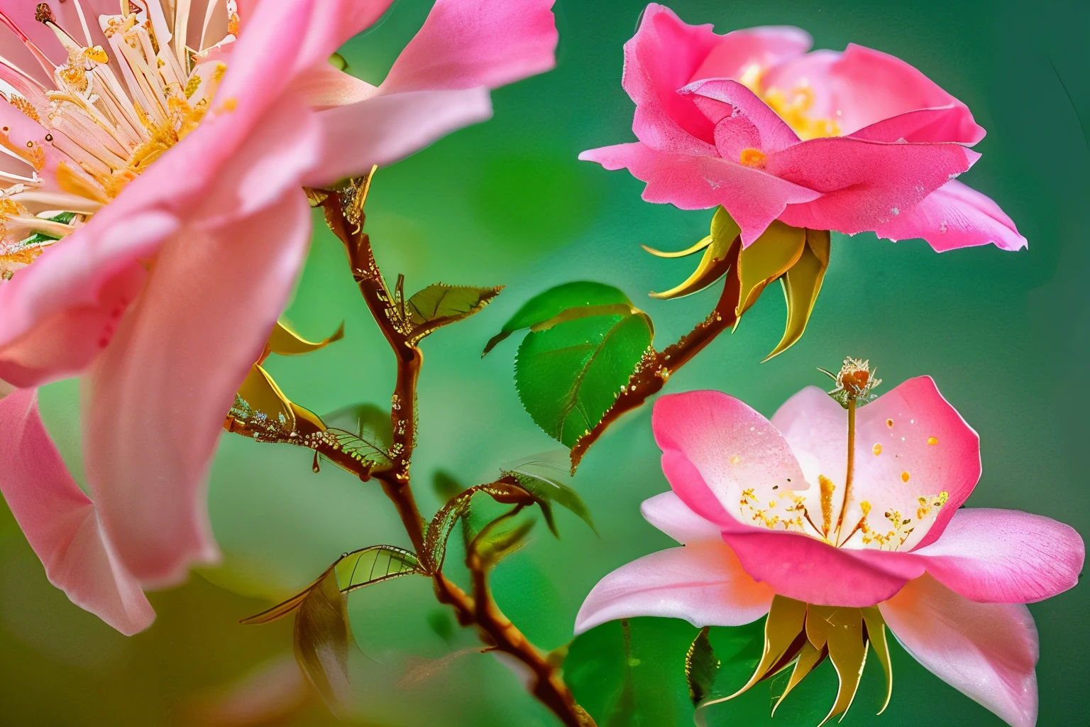 A blooming blossom of a rose, its delicate petals unfolding in a symphony of pink and crimson hues, intricately veined with threads of gold. Each tiny stamen is a masterpiece of nature, shimmering with dew in the early morning light. This stunning photograph captures the flower in perfect focus, every minute detail crystal clear and vibrant. The viewer is transported into a world of exquisite beauty, where the fragility of the bloom is juxtaposed against its vibrant colors in a mesmerizing display of nature's artistry.