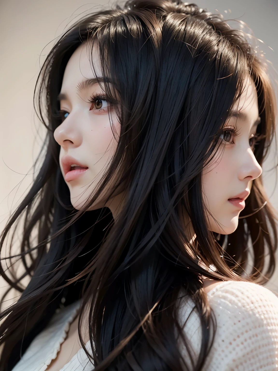 A close up of a woman with long black hair and a white sweater - SeaArt AI
