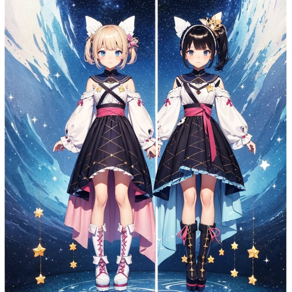 1girl、vtuber-fullbody、Star Fairy、masterpiece、official art、Super detailed、super beautiful、かわいいStar Fairy、white straight short hair、Milky Way、universe、star charm、star、baby face、Knee-high boots、universe柄の丈が短くフリルがついた着物、