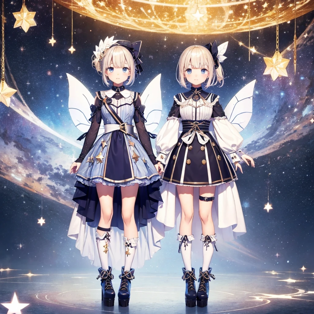 1girl、vtuber-fullbody、Star Fairy、masterpiece、official art、Super detailed、super beautiful、かわいいStar Fairy、white straight short hair、Milky Way、universe、star charm、star、、Knee-high boots、universe柄の丈が短くフリルがついた着物、