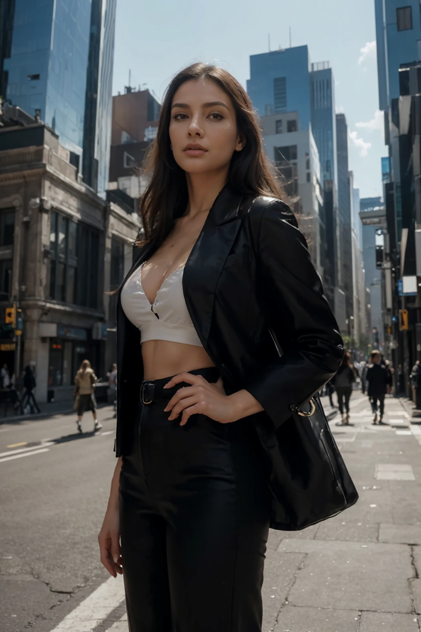 (Masterpiece, 16 thousand.,8K,4k ,ultra detailed:1.1),(Beautiful face:1.1),(1 girl:1.1),25 years, (top model body:1.1), (slender body:1.5), perfect legs, provocative (Business jacket:1.5), The jacket is unbuttoned, sexy stilettos, big breasts, a beautiful lace bra is visible under the jacket, partially covering large, firm breasts., high heels, yoga pants, Gold jewelry, bright makeup, Long-haired curly brunette, stands in the center of a busy street, spread her legs wide, looks to the sky