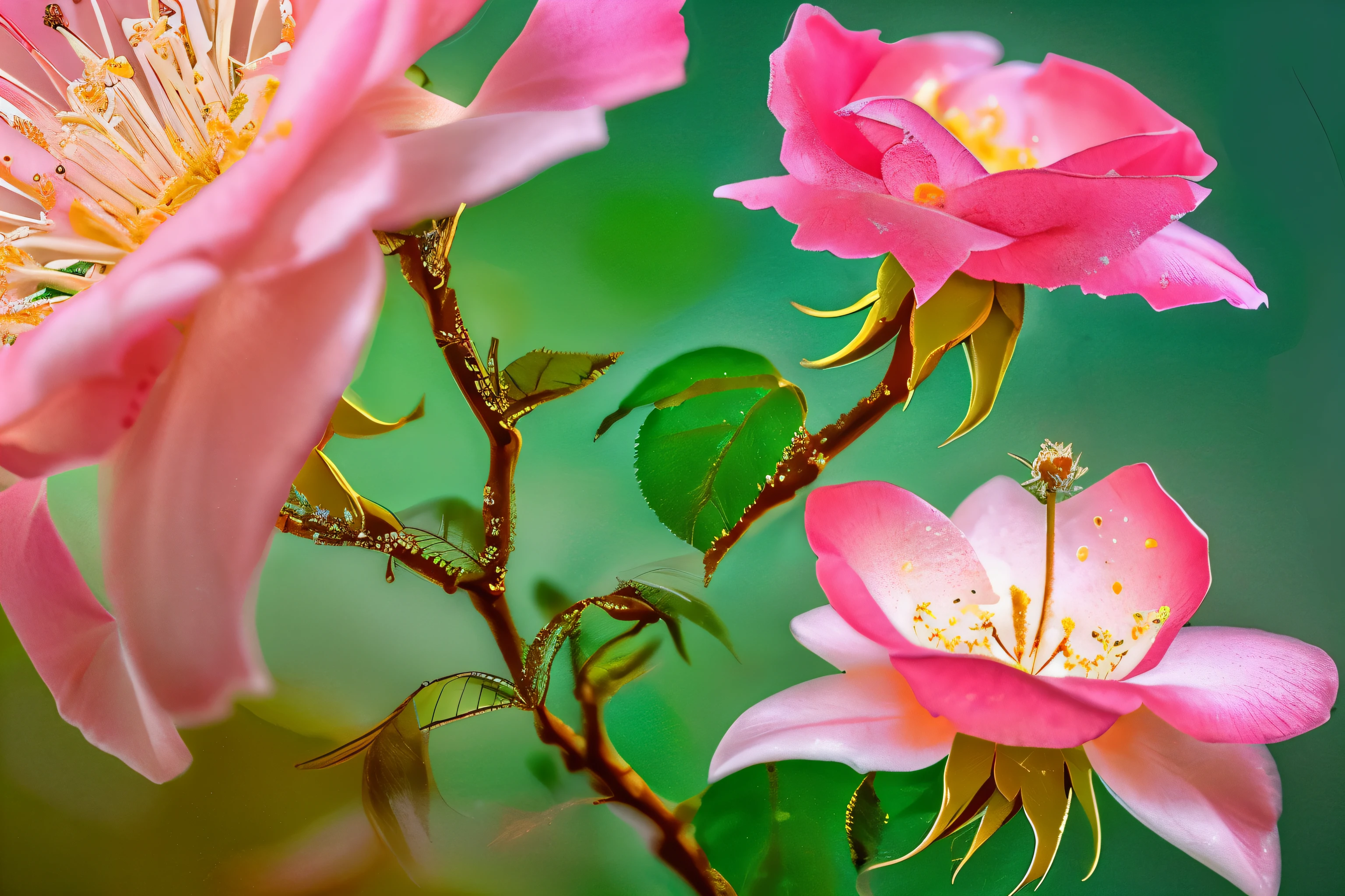 A blooming blossom of a rose, its delicate petals unfolding in a symphony of pink and crimson hues, intricately veined with threads of gold. Each tiny stamen is a masterpiece of nature, shimmering with dew in the early morning light. This stunning photograph captures the flower in perfect focus, every minute detail crystal clear and vibrant. The viewer is transported into a world of exquisite beauty, where the fragility of the bloom is juxtaposed against its vibrant colors in a mesmerizing display of nature's artistry.