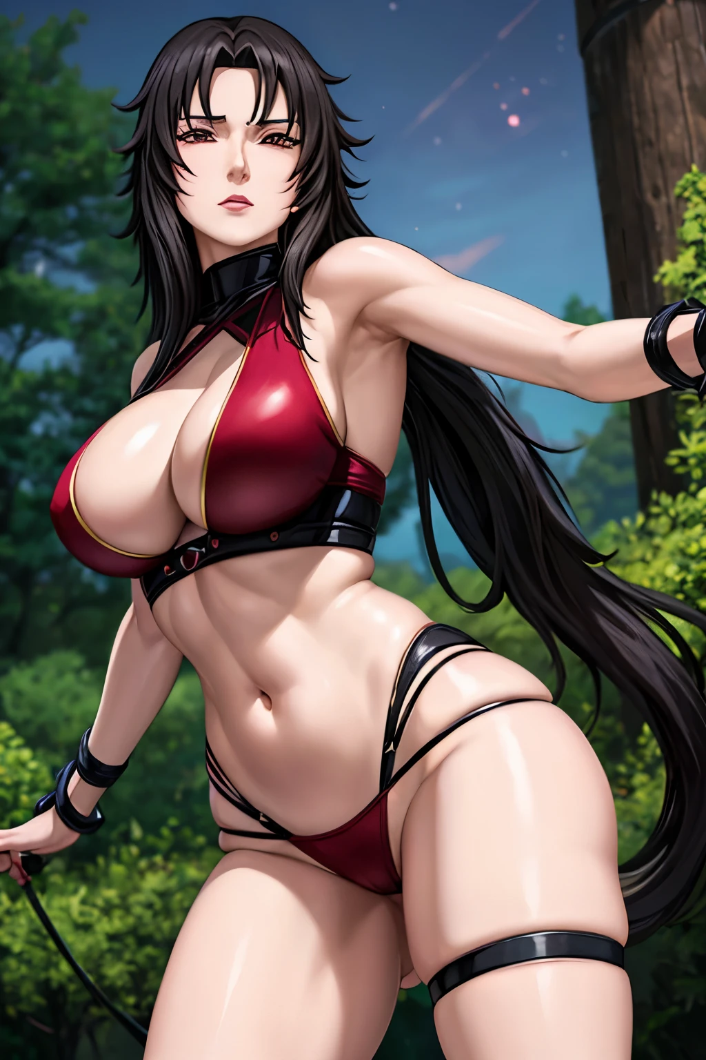 In this captivating scene, Kurenai Yuhi, the enigmatic jonin of Konohagakure, exudes raw sensuality as she poses amidst a moonlit forest clearing. Her long, flowing black hair cascades down her back, framing her striking red eyes and delicate features.
Her revealing, form-fitting outfit accentuates her curvaceous figure, highlighting her ample cleavage and toned midriff. The details of her ninja attire, adorned with intricate patterns, hint at her skills as a formidable kunoichi.
As Kurenai strikes a seductive pose, her powerful physique glistens with a sheen of sweat, enhancing her allure. The soft, moonlit glow casts enticing shadows across her body, emphasizing her enticing curves and the graceful lines of her neck.
In this provocative portrayal of Kurenai Yuhi, she embodies the perfect balance of strength, elegance, and raw sexuality, captivating the viewer with her mesmerizing beauty and undeniable charm