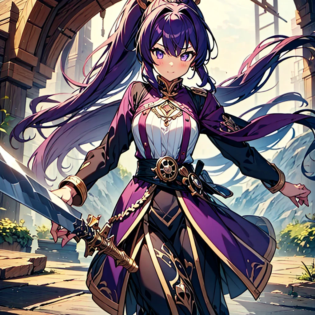highest quality,(highest quality)),((table top)),((perfect face)),(background blur),1 girl,purple eyes,purple hair,Holy swordを手に持った, full body, ponytail,Brave,sword,small breasts,fantasy,wonderful,adventure,She wore a pink and purple dress