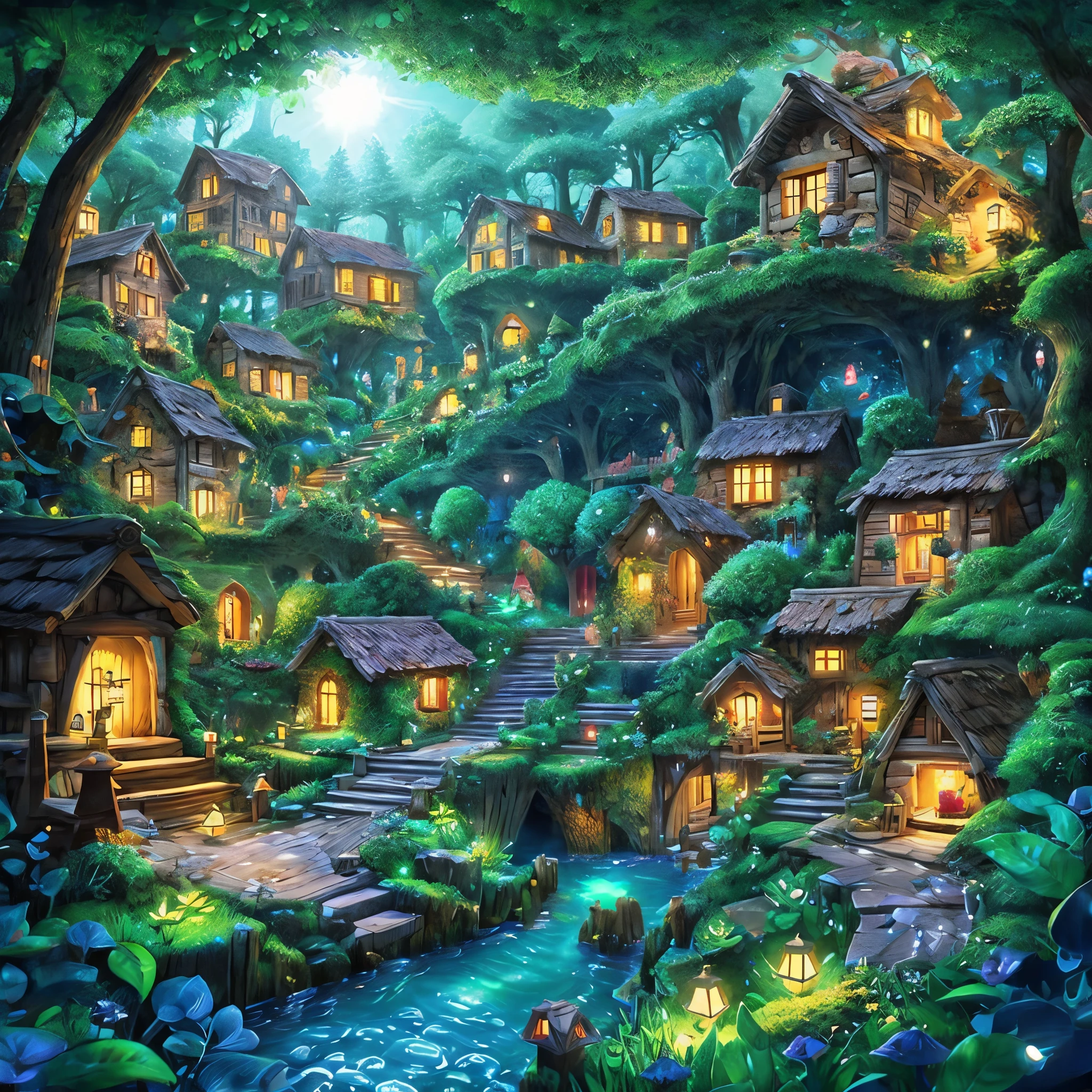 detailed and complex, bioluminescence, A dwarf village deep in the forest, Picture book illustration, Italy, forest tree々In the sun passing between、There are lots of small houses。Roof made of leaves。cobblestone。