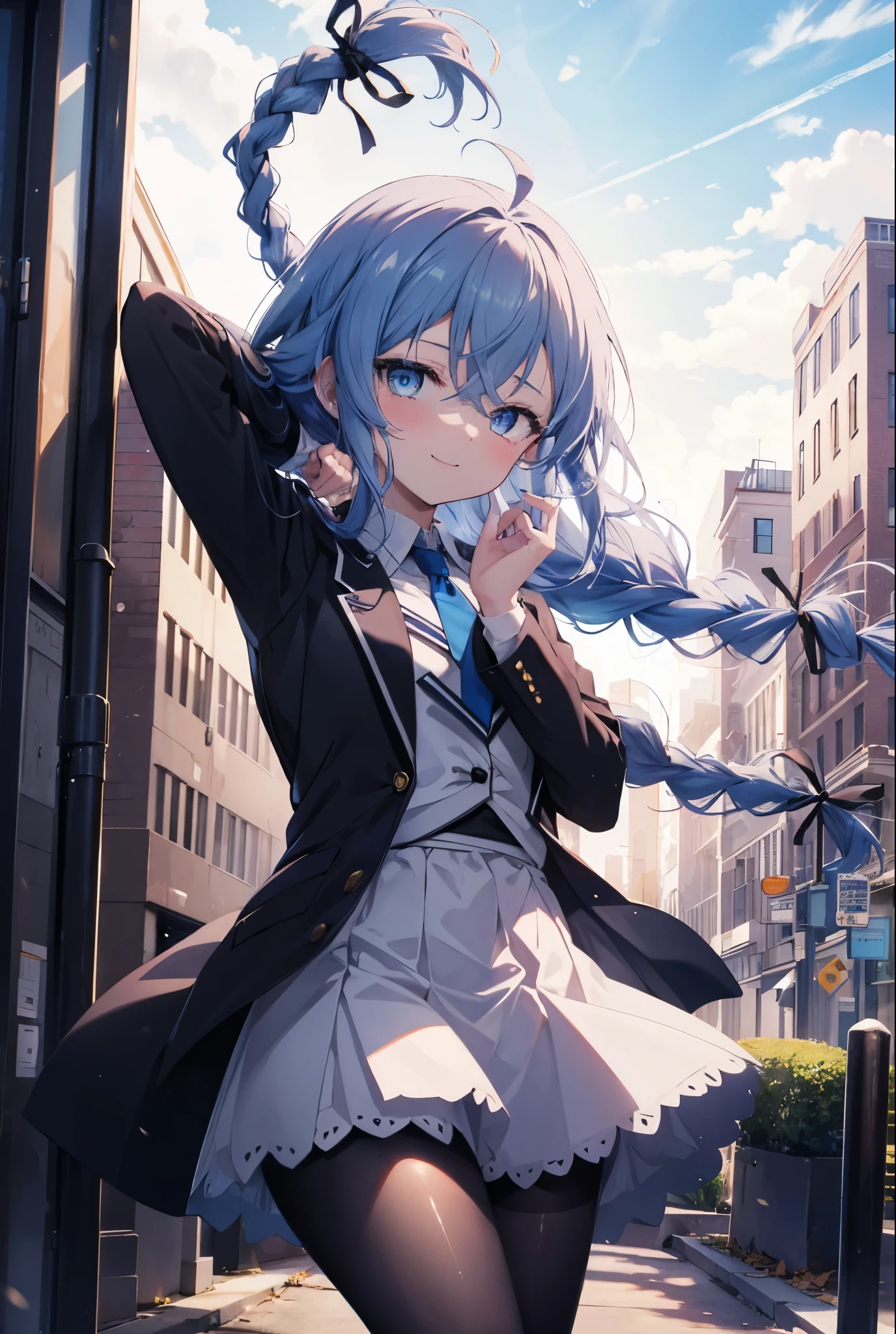 (masterpiece,intricate details),1 girl,mature woman,light _face, BREAK Roxymigurdia, Roxy, Ahoge, black ribbon, blue eyes, blue hair, Braid, hair between eyes, hair ribbon, long hair, twin Braids, very long hair,happy smile, smile, open your mouth, Destroy White Y-Shirt,Blue Blazer,Blue pleated skirt,Gray pantyhose,White Loafers,
壊す looking at viewer,
break outdoors, In town,Destroy a city of buildings (masterpiece:1.2), highest quality, High resolution, unity 8k wallpaper, (figure:0.8), (detailed and beautiful eyes:1.6), 非常に詳細なface, perfect lighting, Very detailed CG, (perfect hands, perfect anatomy),