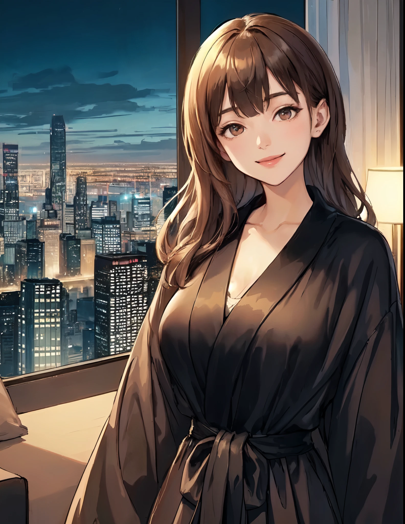 1lady solo, standing, (black robe) stylish, mature female, /(brown hair/) bangs, kind smile, (masterpiece best quality:1.2) delicate illustration ultra-detailed, large breasts BREAK (stylish luxury room) indoors, window, night cityscape, detailed background