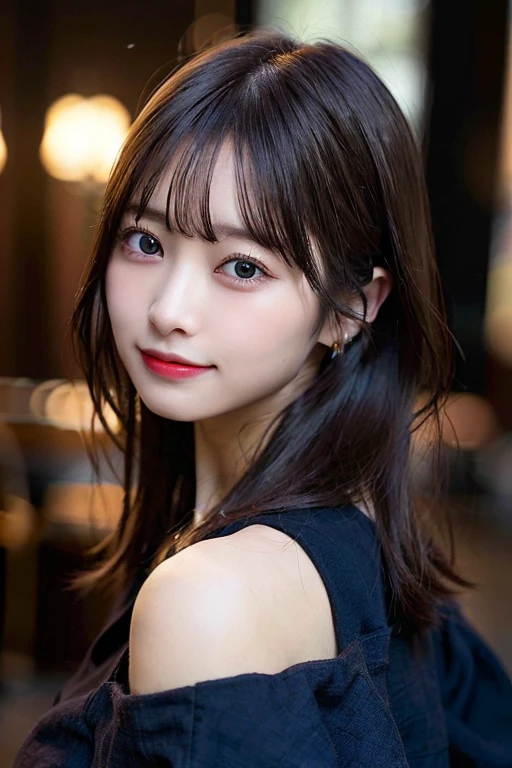 table top, highest quality, shape, Super detailed, finely, High resolution, 8k wallpaper, Perfect dynamic composition, Finely beautiful eyes, wearing a black dress,medium hair,natural color lip, smile,Harajuku、teenage girl、cute、looking at the camera、C cup、brown hair、Blurred night new york background