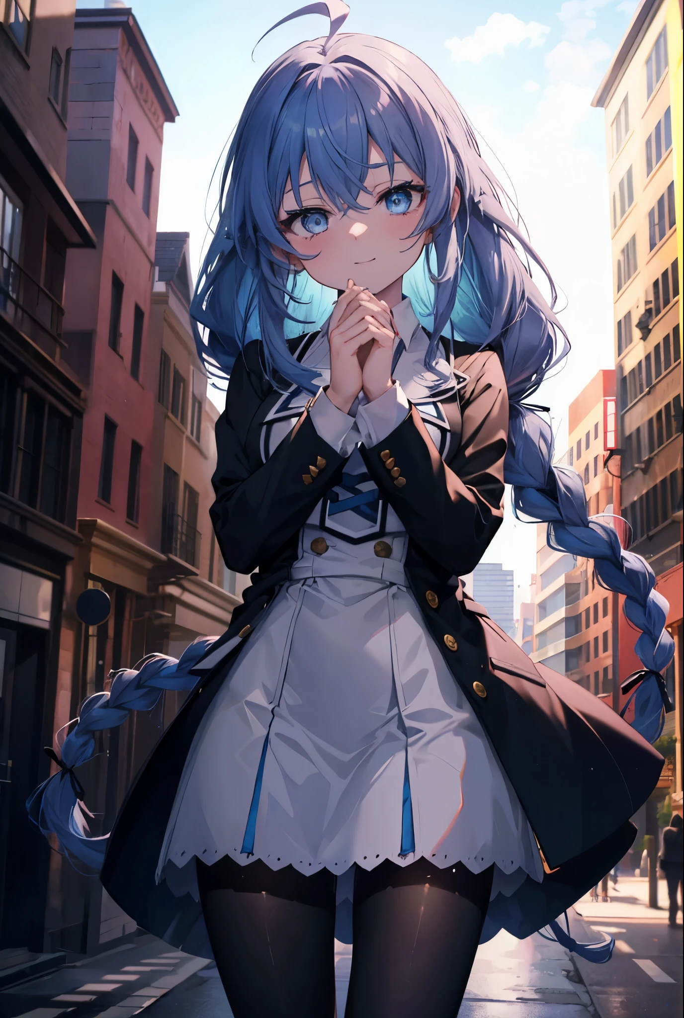 (masterpiece,intricate details),1 girl,mature woman,light _face, BREAK Roxymigurdia, Roxy, Ahoge, black ribbon, blue eyes, blue hair, Braid, hair between eyes, hair ribbon, long hair, twin Braids, very long hair,happy smile, smile, open your mouth, Destroy White Y-Shirt,Blue Blazer,Blue pleated skirt,Gray pantyhose,White Loafers,
壊す looking at viewer,
break outdoors, In town,Destroy a city of buildings (masterpiece:1.2), highest quality, High resolution, unity 8k wallpaper, (figure:0.8), (detailed and beautiful eyes:1.6), 非常に詳細なface, perfect lighting, Very detailed CG, (perfect hands, perfect anatomy),