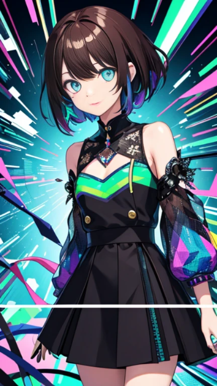 (disorganized, High resolution, super detailed), (1 girl:1.3), short hair, break , glitch art, digital distortion, pixelated fragment, Data corruption, colorful noise, visual chaos, contemporary aesthetics break , enamel art, glass-like surface, Bright colors, glossy finish, reflective texture, rich pigments, fluid forms break , vivid pattern,  beaded jewelry, artisan accessories、whole body、uniform、(long narrow eyes:1.5)、brown hair
