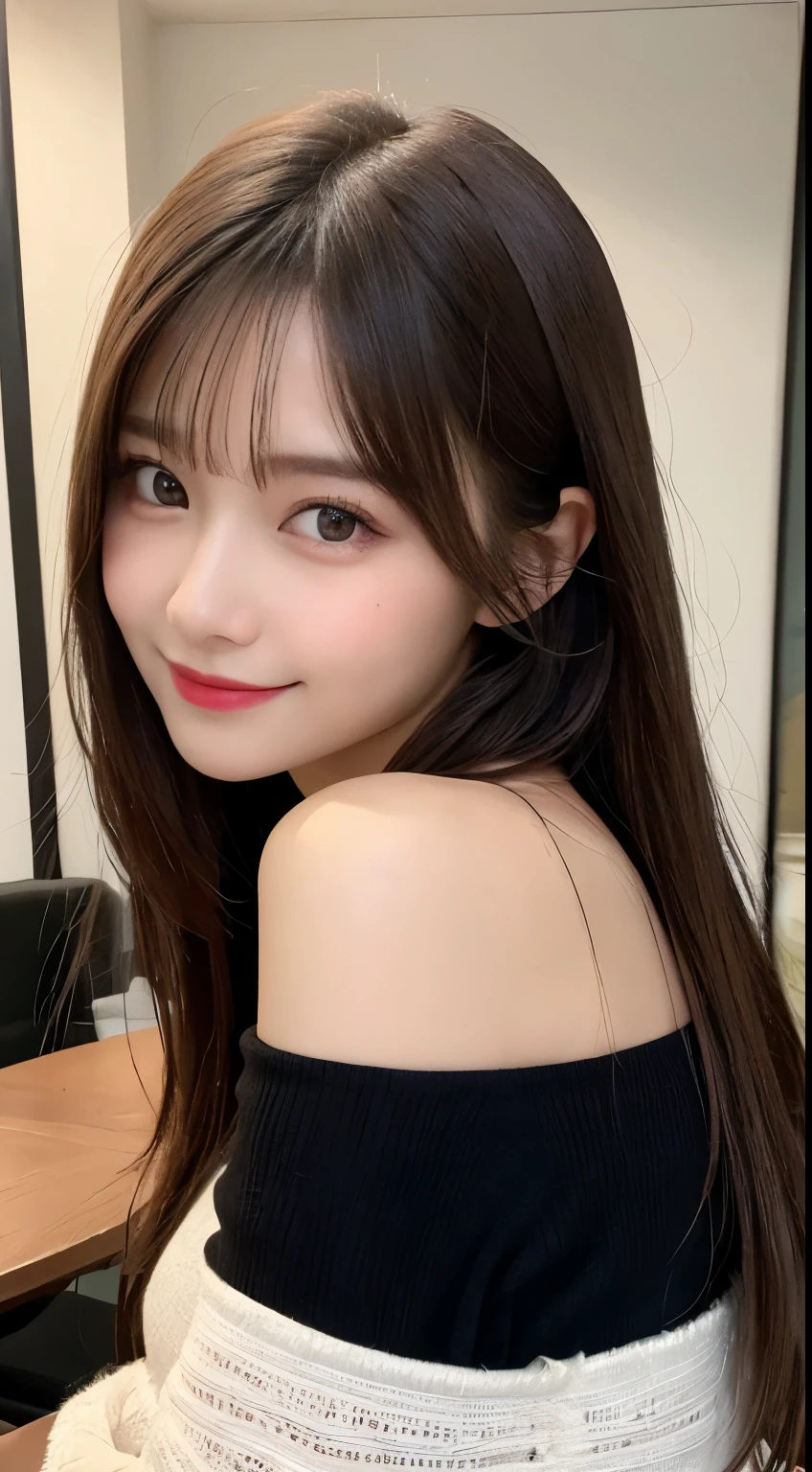 table top, highest quality, shape, Super detailed, finely, High resolution, 8k wallpaper, 完璧なダイナミックな構shape, beautiful and detailed eyes, Nice spring clothes,beautiful straight hair,small breasts,natural color lip, 20 year old girl、cute、look at the camera,Always blur the background,perfect and beautiful face,Beautiful and dense face、slim face and style,Big eyes、Do gal makeup,real photos(best image quality)、woman'face、fashion model pose、Step away from the camera and take a full body photo、smile、off shoulder