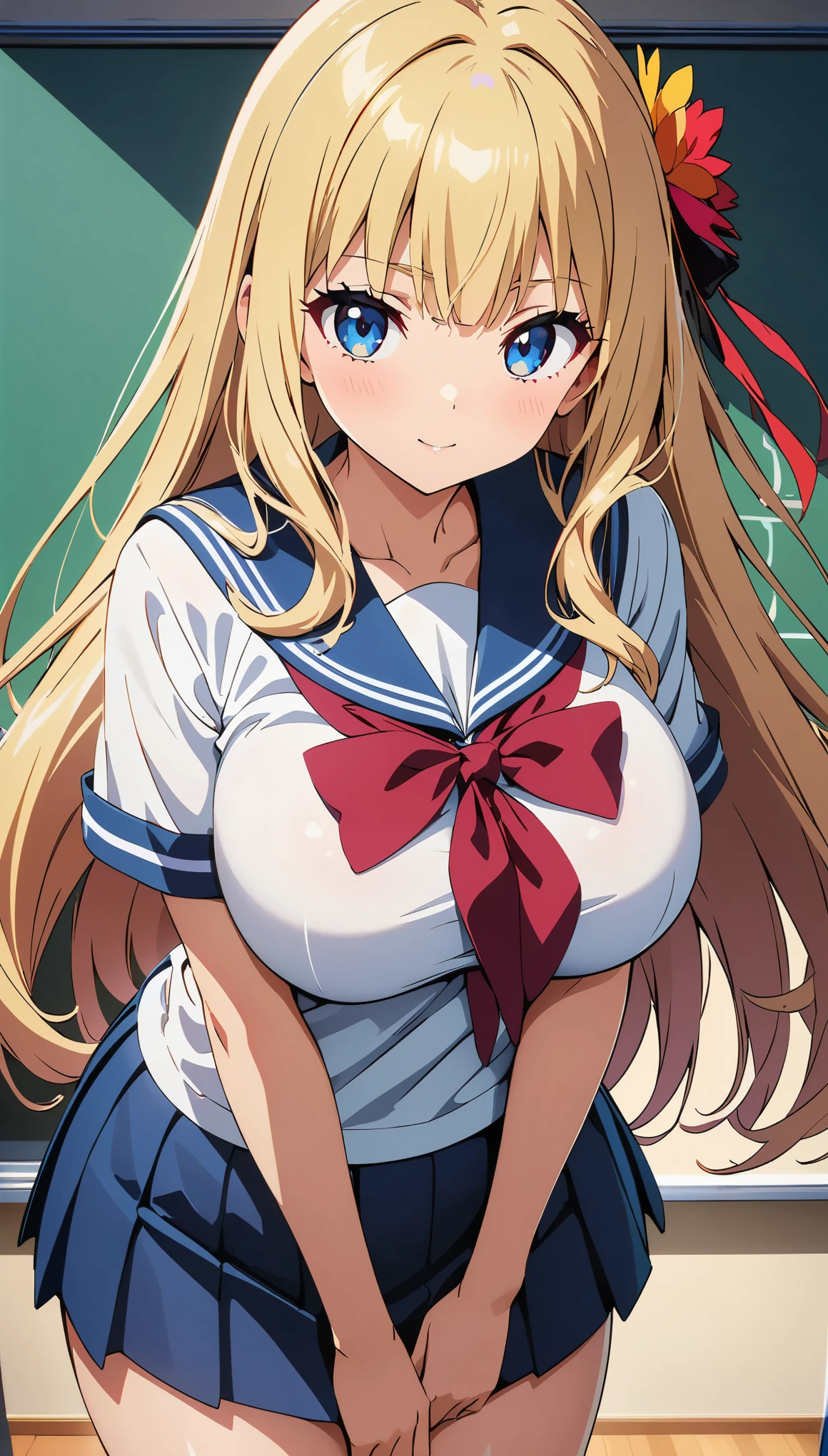 (anime artwork, anime style, studio anime, very detailed, up to date, vibrant, Anime Coloring, high contrast, masterpiece:1.2, best quality, best aesthetics), woman in sailor suit, pleated skirt, big breasts, hair accessory, A glimpse of thighs, blonde, long straight hair, perfect proportions, high detail skin, Cute, detailed faces, random sexy pose, school classroom, precise fingers,