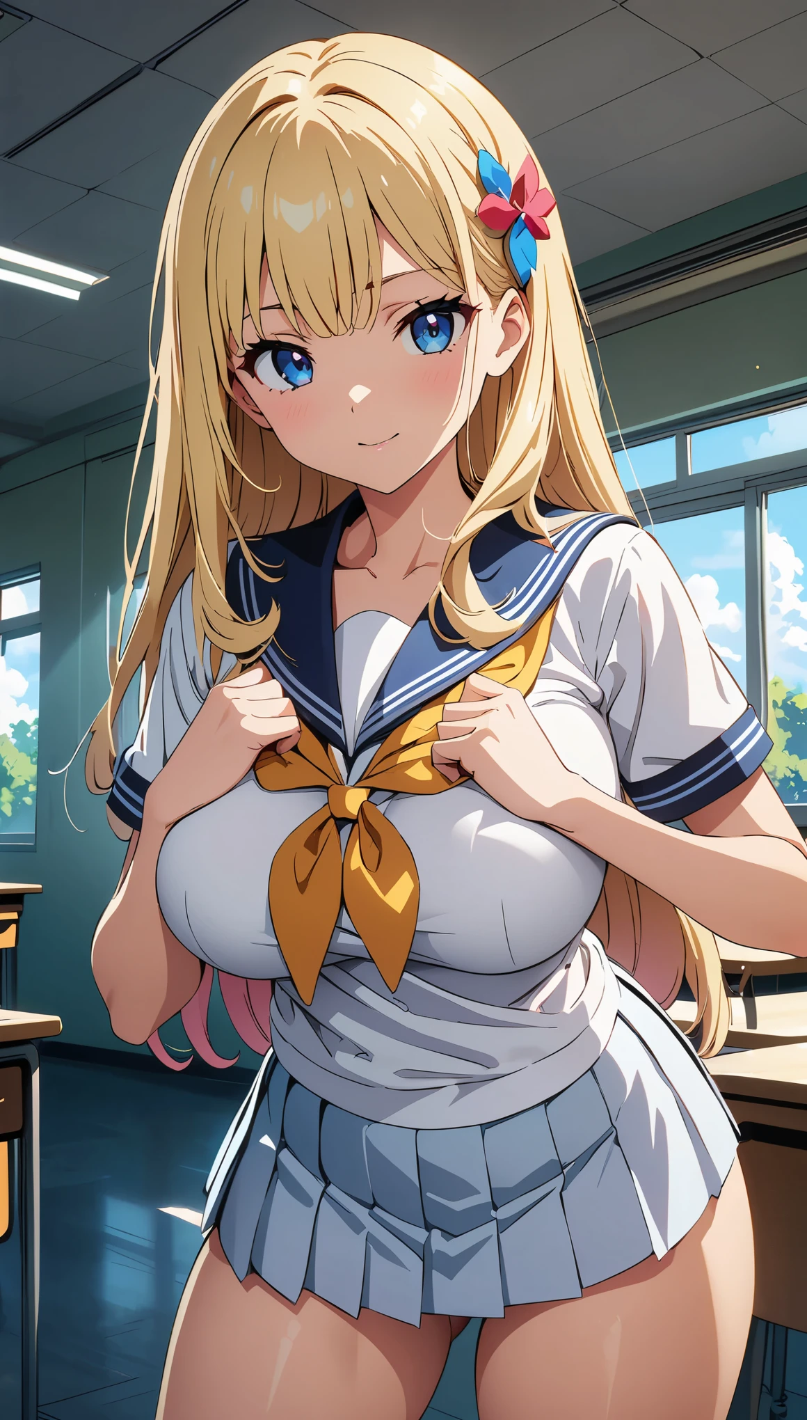 (anime artwork, anime style, studio anime, very detailed, up to date, vibrant, Anime Coloring, high contrast, masterpiece:1.2, best quality, best aesthetics), woman in sailor suit, pleated skirt, big breasts, hair accessory, A glimpse of thighs, blonde, long straight hair, perfect proportions, high detail skin, Cute, detailed faces, random sexy pose, school classroom, precise fingers,