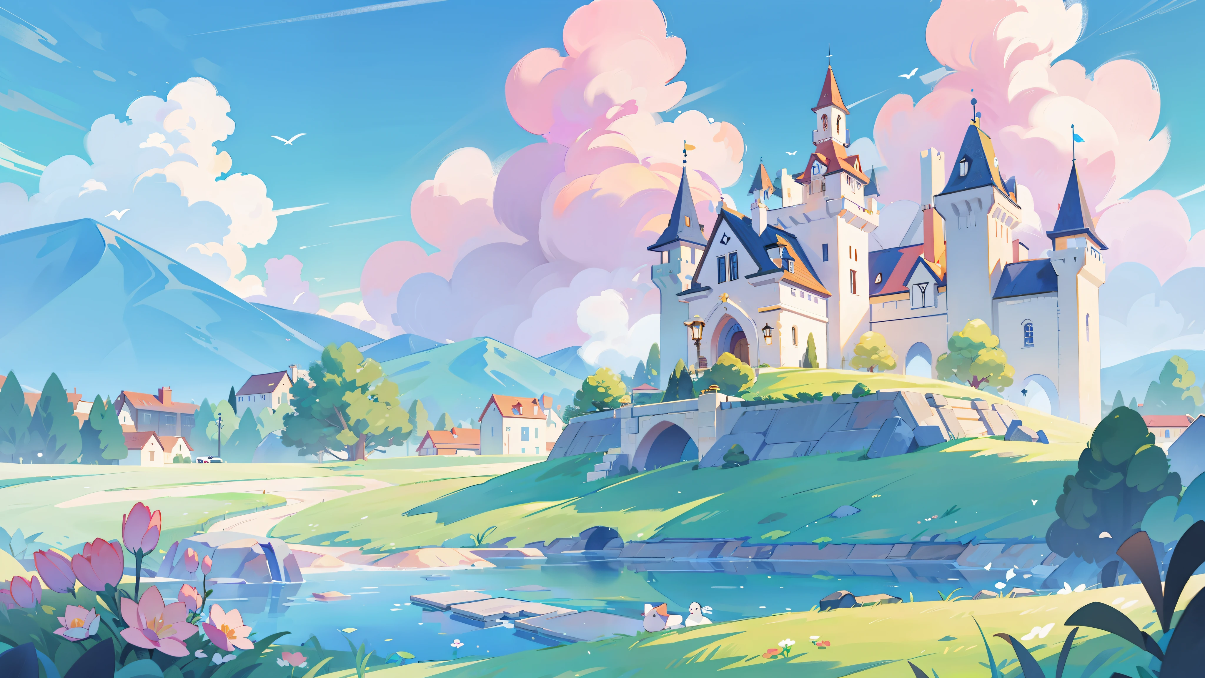picture book illustration, Watercolor storybook illustration, Princess Castle, Fairytale Castle, Fairytale Tower, cloud, bright pastel colors, dream, rich and colorful, bizarre, magic, masterpiece, Best quality, sharp focus, Carefully designed environment, small parts, Resolution 8K