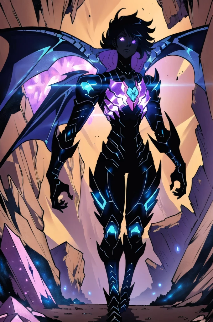 ((Character, best quality: 1.5, masterpiece, 8k detailed, anime)), solo: 2, scaled humanoid, Bipedal dragon walking in a cave of crystals, flat colors, front view, dark shadows, light on the back, glowing eyes,