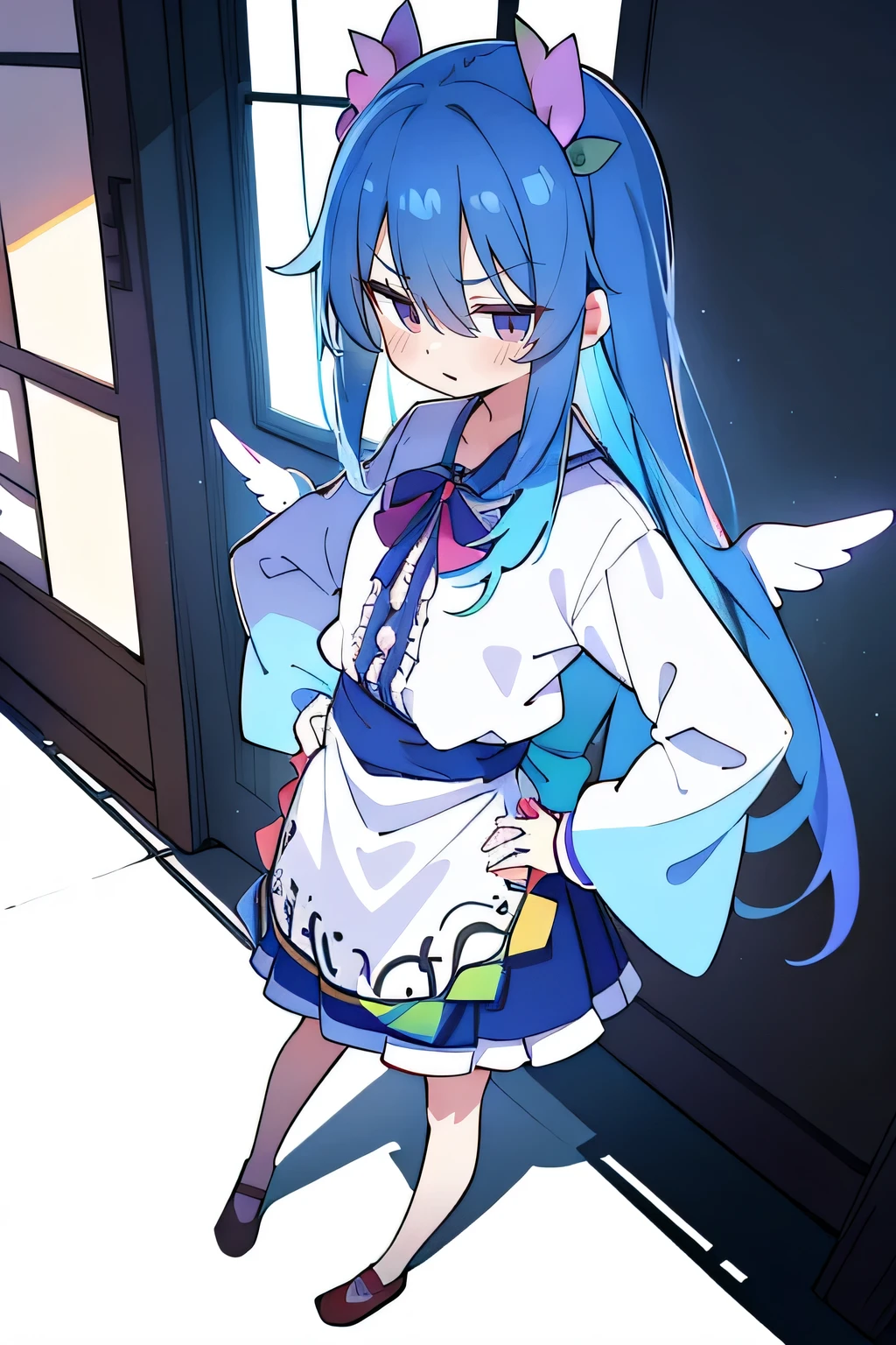 (masterpiece),best quality, expressive eyes, perfect face, 1girl,
Put your hands on your waist,fair, Gorgeous,Japanese cartoons,girl,lola,Hina Angel, blue hair, blue haired, floating clothes,Grab your waist, Grab your waist, hands on hips , hands on hips,sit, sit on ground, Legs on the ground, flat chest