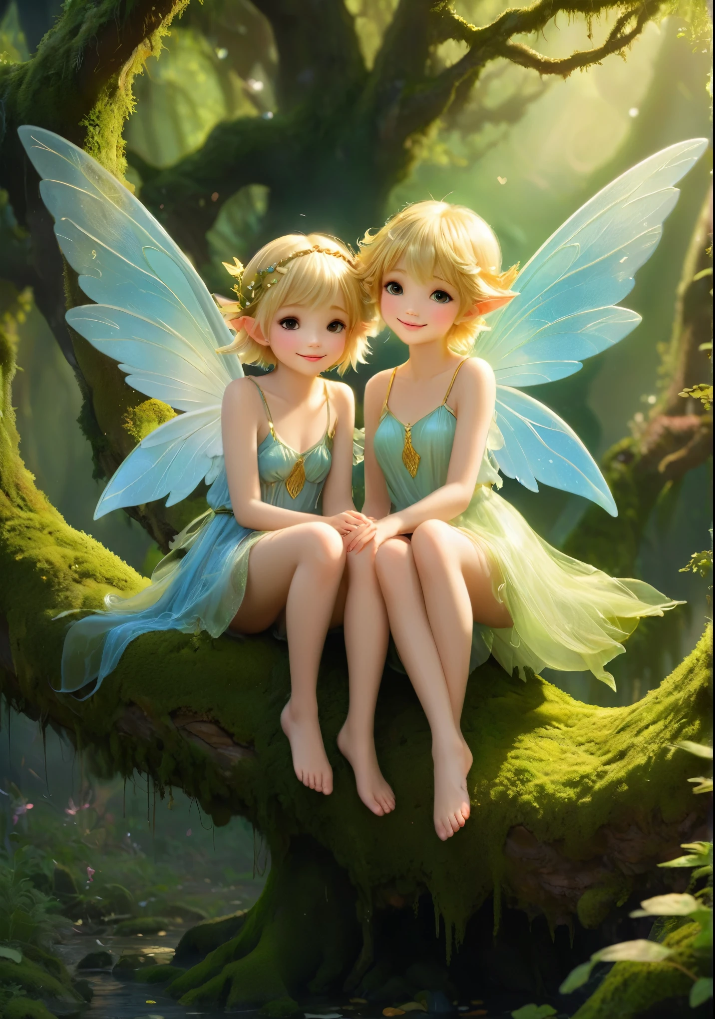 beautiful adult fairy、two fairies、Sitting on a thick, mossy tree branch、You can see a girl and a boy、I have angel wings and I can fly、short golden hair and cute round eyes、slight smile、perfect lighting、high detail、High level image quality、High color rendering、High resolution、surreal、photo-realistic