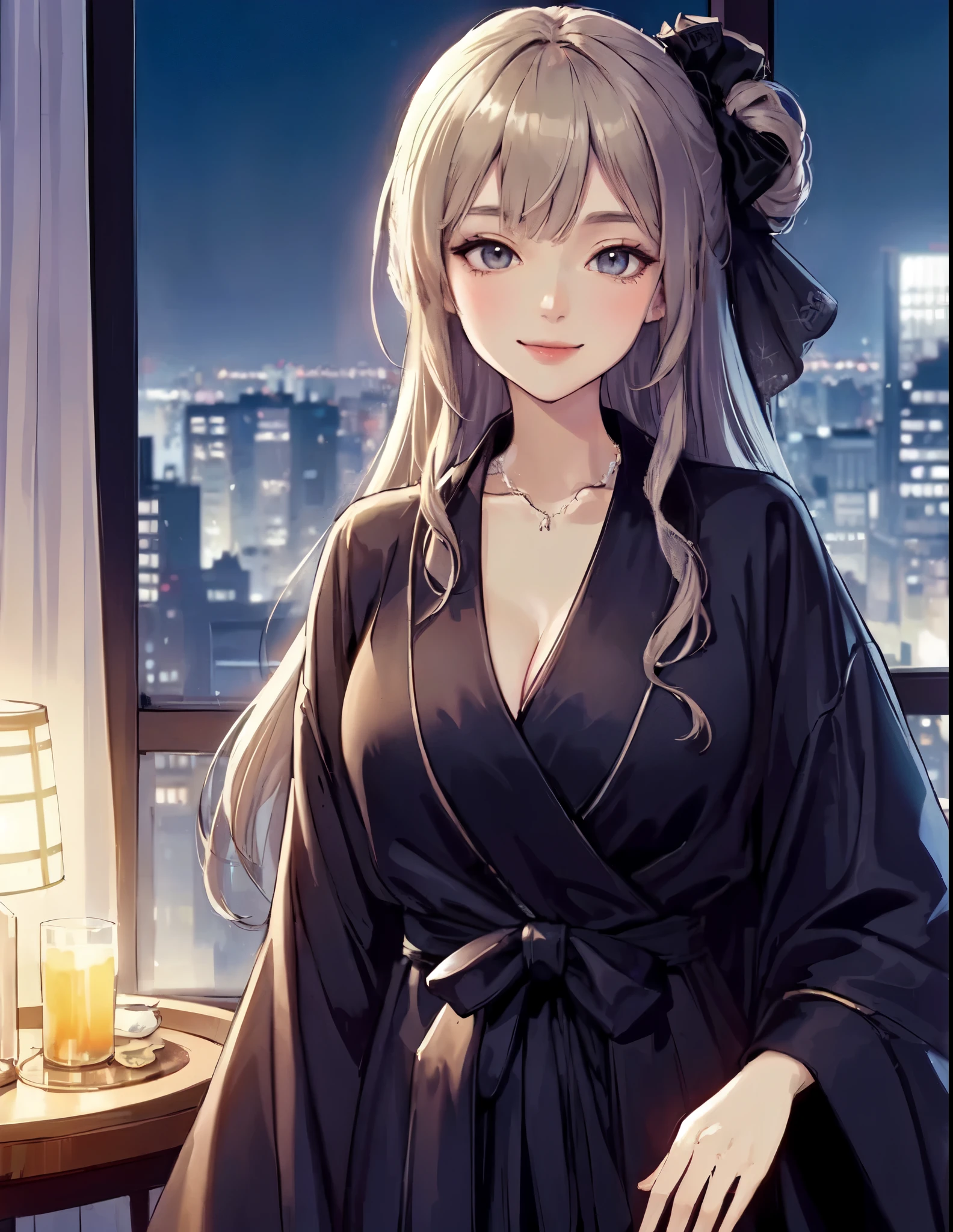 1lady solo, standing, (black robe) stylish, mature female, /(beige hair/) bangs, kind smile, (masterpiece best quality:1.2) delicate illustration ultra-detailed, large breasts BREAK (stylish luxury room) indoors, window, night cityscape, detailed background