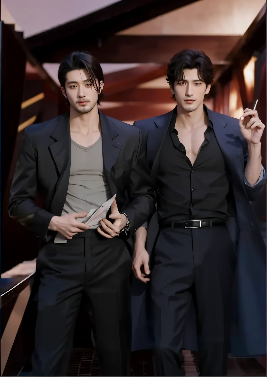 realistic 8k image of a 25 year old man, with short black hair, dressed in a black blazer without a tie and a white blouse underneath, standing at a night party in the back of an outdoor house