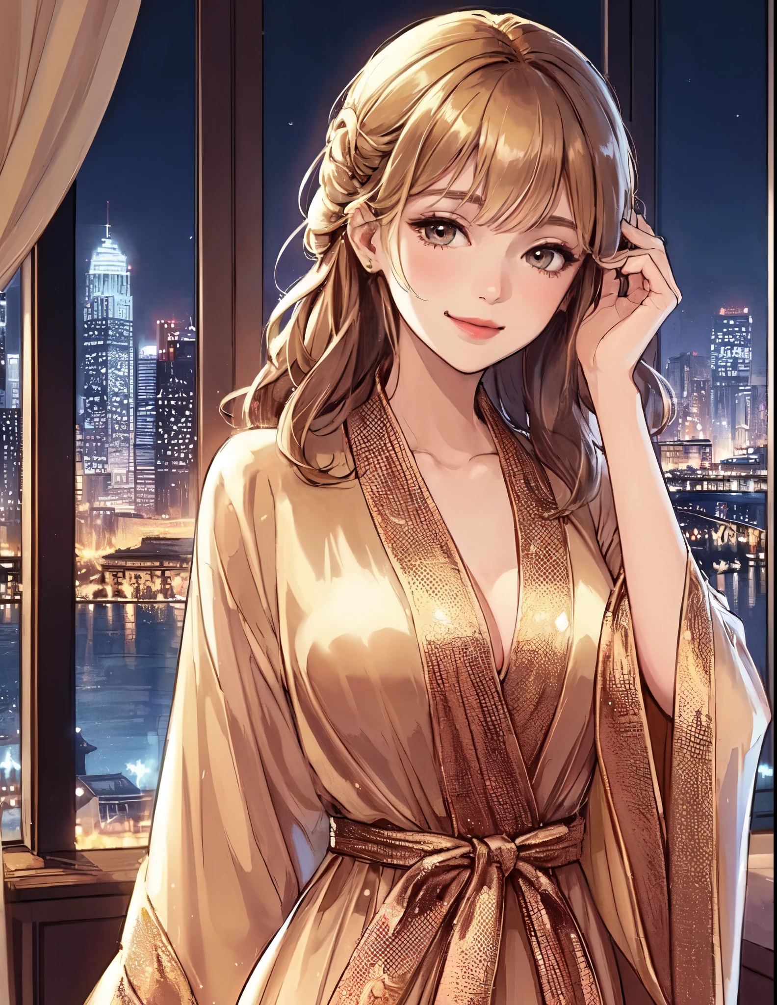 1lady solo, standing, (champagne gold robe) stylish, mature female, /(brown blond hair/) bangs, kind smile, (masterpiece best quality:1.2) delicate illustration ultra-detailed, large breasts BREAK (stylish luxury room) indoors, window, night cityscape, detailed background