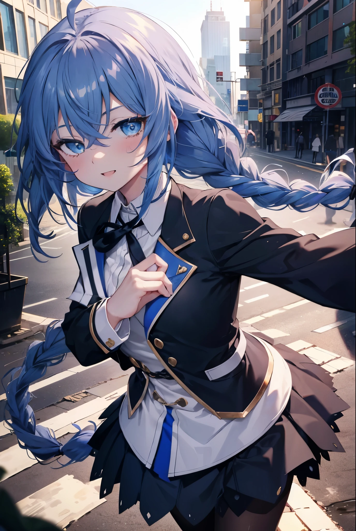 (masterpiece,intricate details),1 girl,mature woman,light _face, BREAK Roxymigurdia, Roxy, Ahoge, black ribbon, blue eyes, blue hair, Braid, hair between eyes, hair ribbon, long hair, twin Braids, very long hair,happy smile, smile, open your mouth, Destroy White Y-Shirt,Blue Blazer,Blue pleated skirt,Gray pantyhose,White Loafers,
壊す looking at viewer,
break outdoors, In town,Destroy a city of buildings (masterpiece:1.2), highest quality, High resolution, unity 8k wallpaper, (figure:0.8), (detailed and beautiful eyes:1.6), 非常に詳細なface, perfect lighting, Very detailed CG, (perfect hands, perfect anatomy),