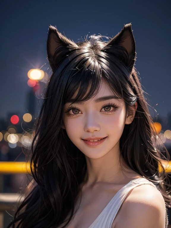 black hair, hair shaking, wince, long eyelashes, solid round eyes, fake animal ears, light smile, ear blusher, canine, With the city night view in the background, surrealism, shadow, Anaglyph, stereoscopic view, tachi-e, throw, atmospheric perspective, 8 thousand, super detail, accurate, The best bosom