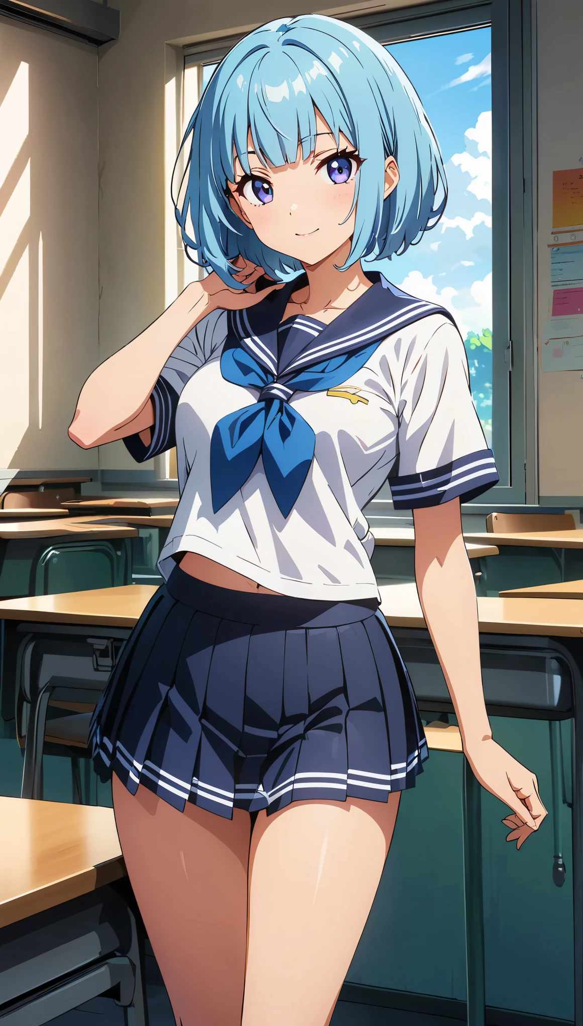 (anime artwork, anime style, studio anime, very detailed, up to date, vibrant, Anime Coloring, high contrast, masterpiece:1.2, best quality, best aesthetics), woman in sailor suit, pleated skirt, Medium chest, A glimpse of thighs, blue hair, bob cut, One eye is hidden by the bangs, perfect proportions, high detail skin, Cute, detailed faces, random sexy pose, school classroom, precise fingers,
