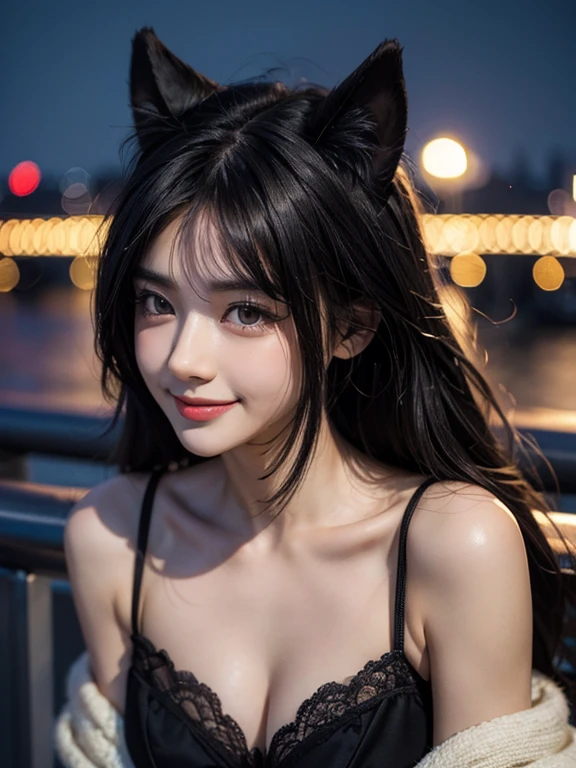 black hair, hair shaking, wince, long eyelashes, solid round eyes, fake animal ears, light smile, ear blusher, canine, With the city night view in the background, surrealism, shadow, Anaglyph, stereoscopic view, tachi-e, throw, atmospheric perspective, 8 thousand, super detail, accurate, The best bosom