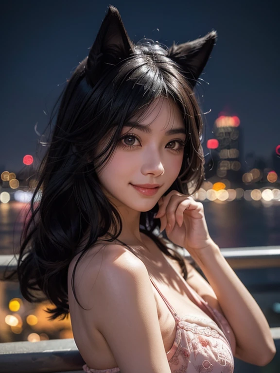 black hair, hair shaking, wince, long eyelashes, solid round eyes, fake animal ears, light smile, ear blusher, canine, With the city night view in the background, surrealism, shadow, Anaglyph, stereoscopic view, tachi-e, throw, atmospheric perspective, 8 thousand, super detail, accurate, The best bosom