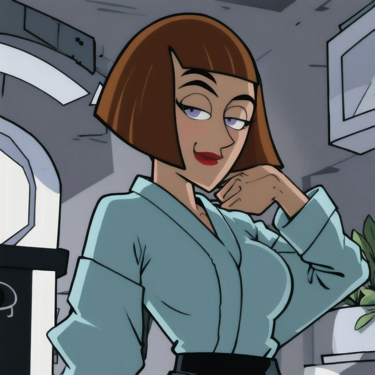 maddie fenton, looking at viewer, thinking about sex, wondering if it will work, in the kitchen, fully clothed, bathrobe, side-eye, horny, from above, looking up at you, red cheeks, embarrassed, very horny
