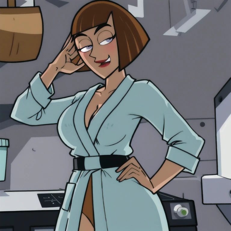 maddie fenton, looking at viewer, thinking about sex, wondering if it will work, in the kitchen, fully clothed, bathrobe, side-eye