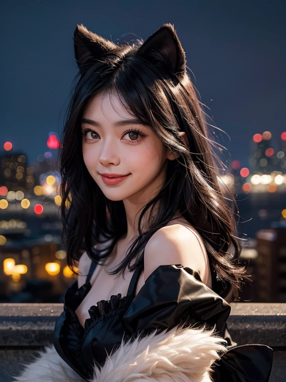 black hair, hair shaking, wince, long eyelashes, solid round eyes, fake animal ears, light smile, ear blusher, canine, With the city night view in the background, surrealism, shadow, Anaglyph, stereoscopic view, tachi-e, throw, atmospheric perspective, 8 thousand, super detail, accurate, The best bosom