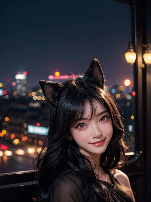 black hair, hair shaking, wince, long eyelashes, solid round eyes, fake animal ears, light smile, ear blusher, canine, With the city night view in the background, surrealism, shadow, Anaglyph, stereoscopic view, tachi-e, throw, atmospheric perspective, 8 thousand, super detail, accurate, The best bosom
