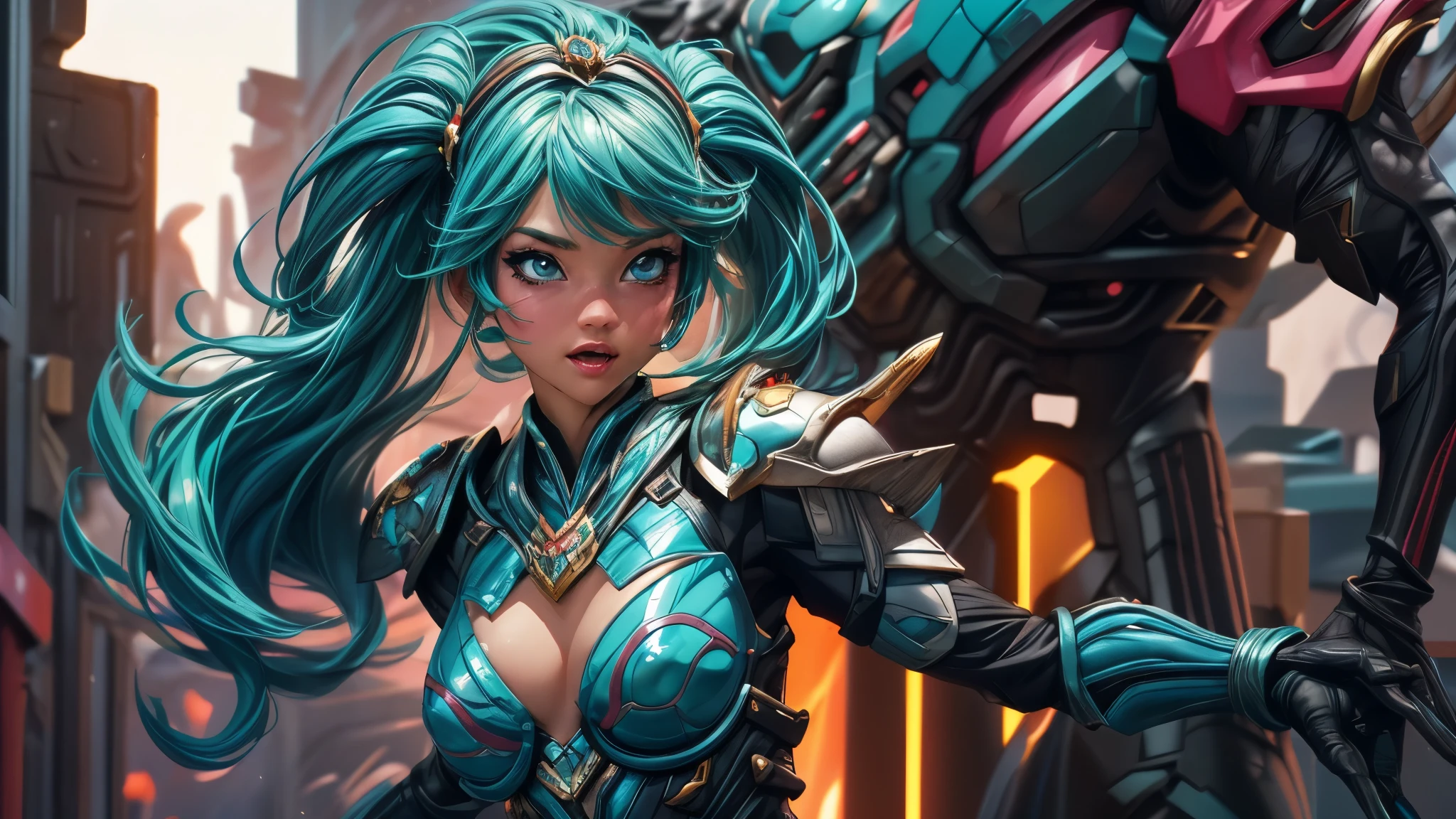 (best quality,4k,8k,highres,masterpiece:1.2),ultra-detailed, Alien Princess, miamalkova, with water powers and blue wave themed armor made of coral, log aqua color hair, Female Commander Invading a city with her Ranger troops behind her, strutting her stuff, Smiling and laughing, Flirting with the viewer, HDR, 8k, absurdres, cinestill 800, sharp focus, add_detail:3 (solo woman) anime Villainess, wideshot, widescreen, focus on subject