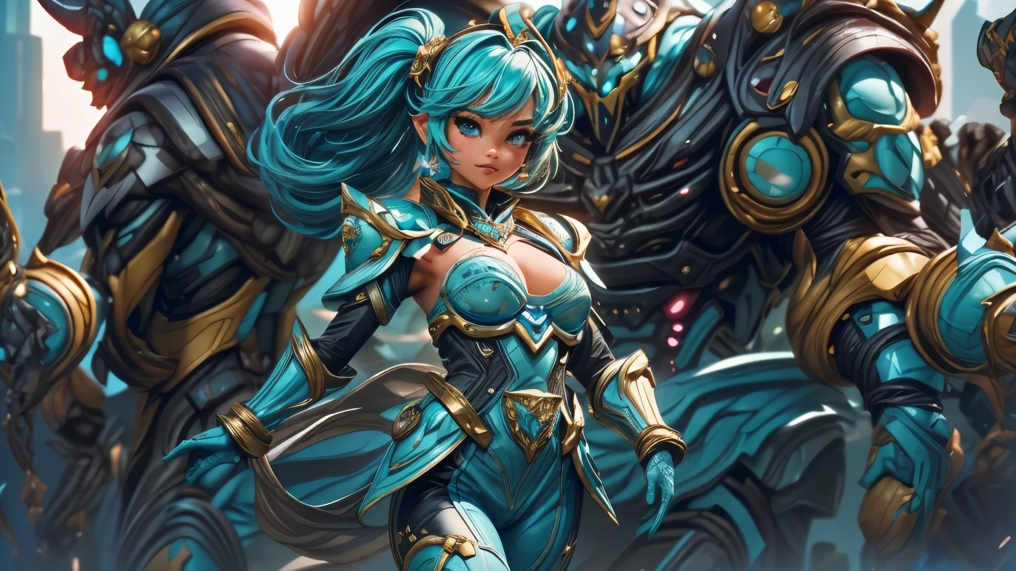 (best quality,4k,8k,highres,masterpiece:1.2),ultra-detailed, Alien Princess, miamalkova, with water powers and blue wave themed armor made of coral, log aqua color hair, Female Commander Invading a city with her Ranger troops behind her, strutting her stuff, Smiling and laughing, Flirting with the viewer, HDR, 8k, absurdres, cinestill 800, sharp focus, add_detail:3 (solo woman) anime Villainess, wideshot, widescreen, focus on subject