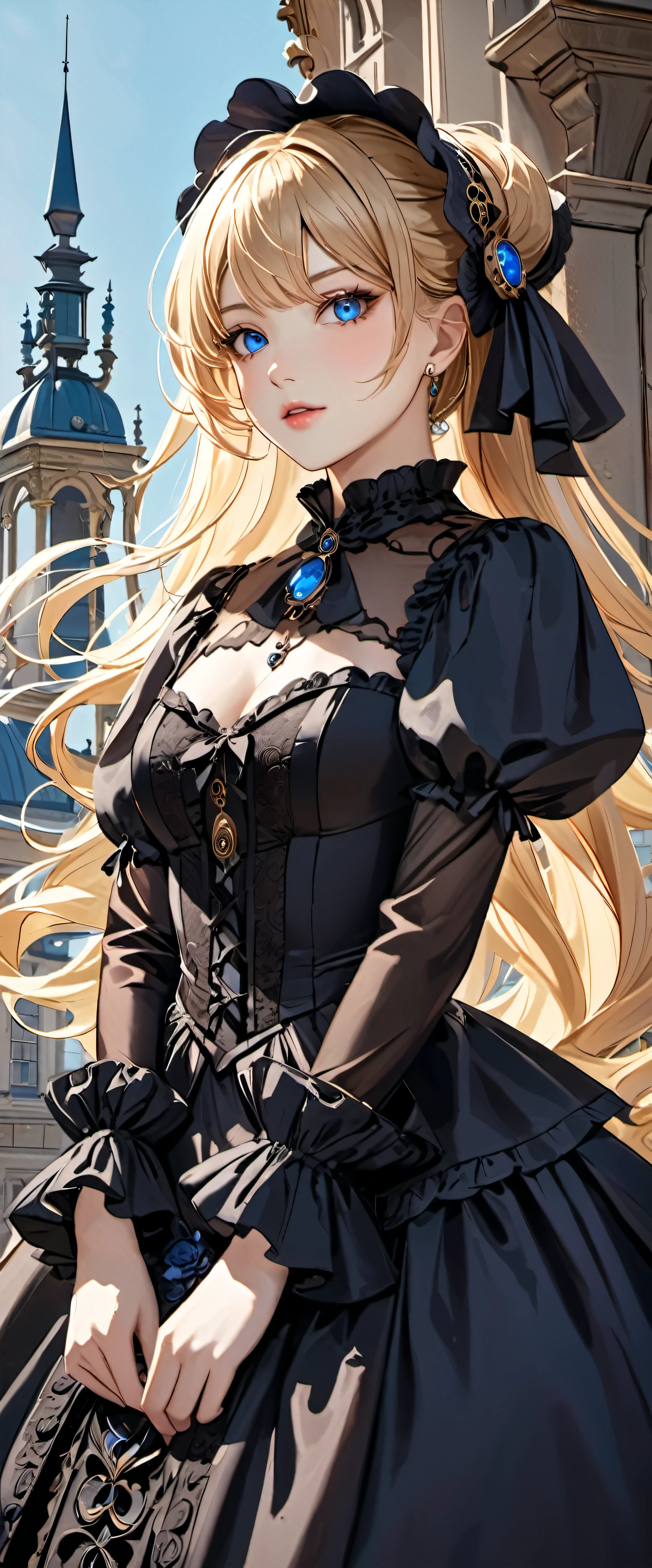 woman wearing dress and boots , baroque dress, wearing a detailed steampunk dress, elegant gothic princess, victorian gothic lolita fashion, historical baroque dress dark, black gothic lolita dress, fantasy style clothing, rococo dress, black rococo, fantasy costume, wearing a gothic dress, romantic dress, gothic dress,blonde,,(((upper body portrait)))blue eyes,city,Pose with movement