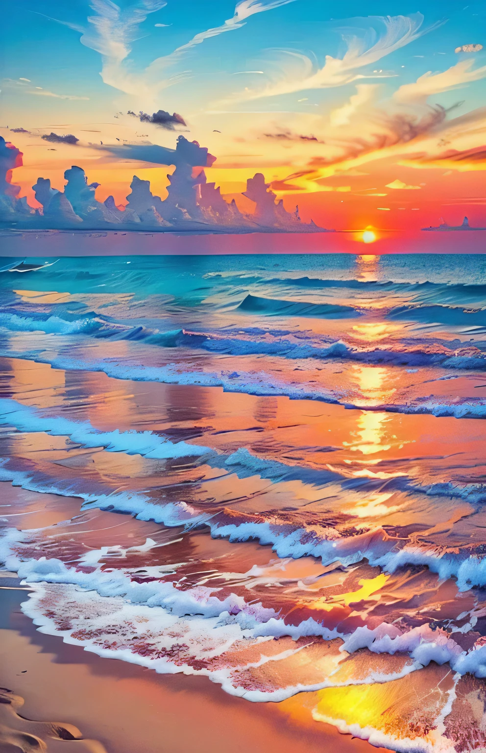 An absolutely mesmerizing sunset over the beach, with a blend of oranges, pinks, and yellows filling the sky. Crystal-clear waters of the sea gently kissing the shore, with sandy white beach stretching far and wide. The scene is dynamic and breathtaking, with seagulls soaring high in the sky and gently swaying palm trees. Take in the calming atmosphere and let the peacefulness wash over you.