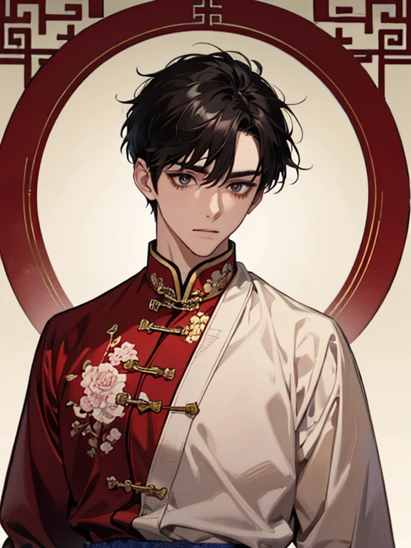 (ridiculous, high resolution, super detailed, realistic,), 1 male, soloist, 20 years old, sunny and handsome, sitting in a chair, tall, extremely short hair, black hair, brown eyes, thick eyebrows, hospital room, doctor, white robe, white coat, room, ancient Chinese decoration style room, ancient Chinese style furniture