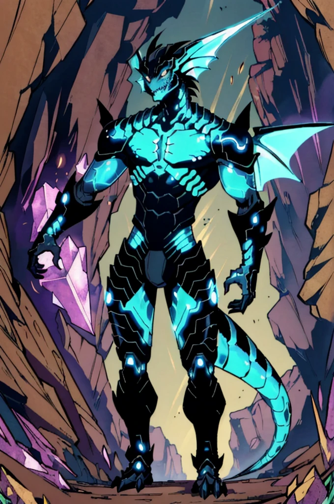 ((Character, best quality: 1.5, masterpiece, 8k detailed, anime)), solo: 2, lizard boy, scaled humanoid, Bipedal dragon walking in a cave of crystals, flat colors, front view, dark shadows, light on the back, glowing eyes, dragon head, tail, wingless, 