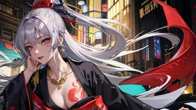 high quality,masterpiece,Dark-skinned Japanese woman in a colorful kimono,arm with tattoo,Beautiful blue droopy eyes,japanese geisha,long silver hair,Listening to music through headphones,ear earrings,sunglasses,dragon tattoo,gold necklace,expression of ridicule,gray hair,red lipstick,dark makeup,A luxurious building reminiscent of a Japanese brothel,Images for YouTube