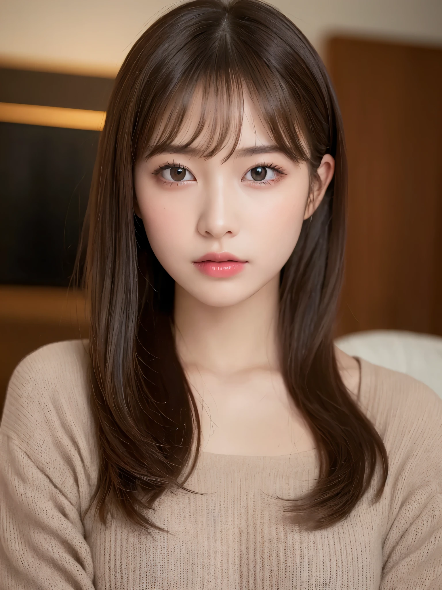 ((NSFW))、(masterpiece:1.5)、(8K)、(Photoreal:1.5)、RAW photo、(best image quality:1.4)、(sharp focus:1.5)、 highest quality、masterpiece、超A high resolution、Take a full body photo、perfect dynamic composition、 22 years ago、thin、Unwind in the living room、Beautiful woman:1.4、serious expression、 wearing a black knit sweater、 light brown hair、Hairstyle is straight long、shining hair、 super detail face、detailed eye、double eyelid、 natural color lip、transparent skin、