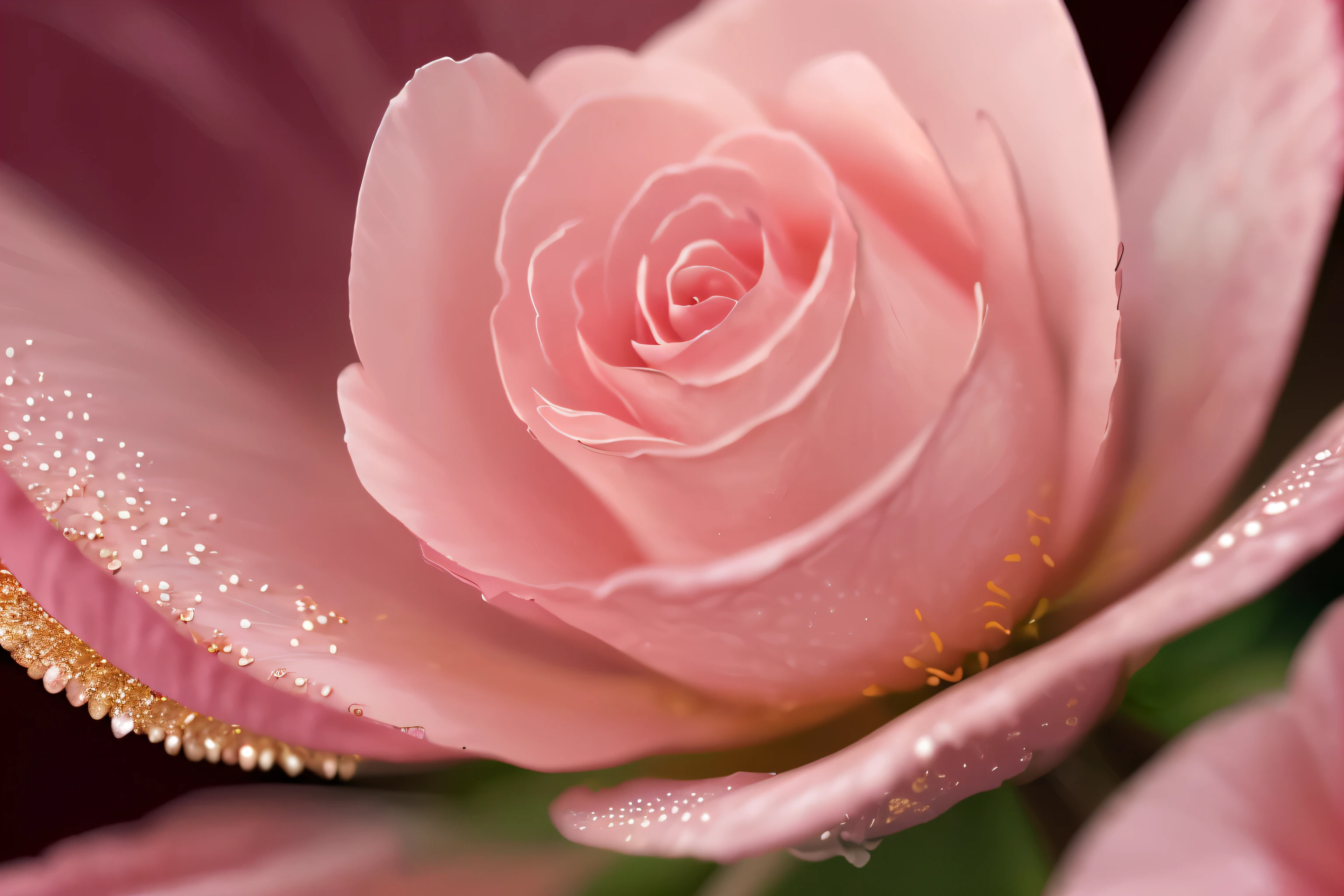 A blooming blossom of a rose, its delicate petals unfolding in a symphony of pink and crimson hues, intricately veined with threads of gold. Each tiny stamen is a masterpiece of nature, shimmering with dew in the early morning light. This stunning photograph captures the flower in perfect focus, every minute detail crystal clear and vibrant. The viewer is transported into a world of exquisite beauty, where the fragility of the bloom is juxtaposed against its vibrant colors in a mesmerizing display of nature's artistry.